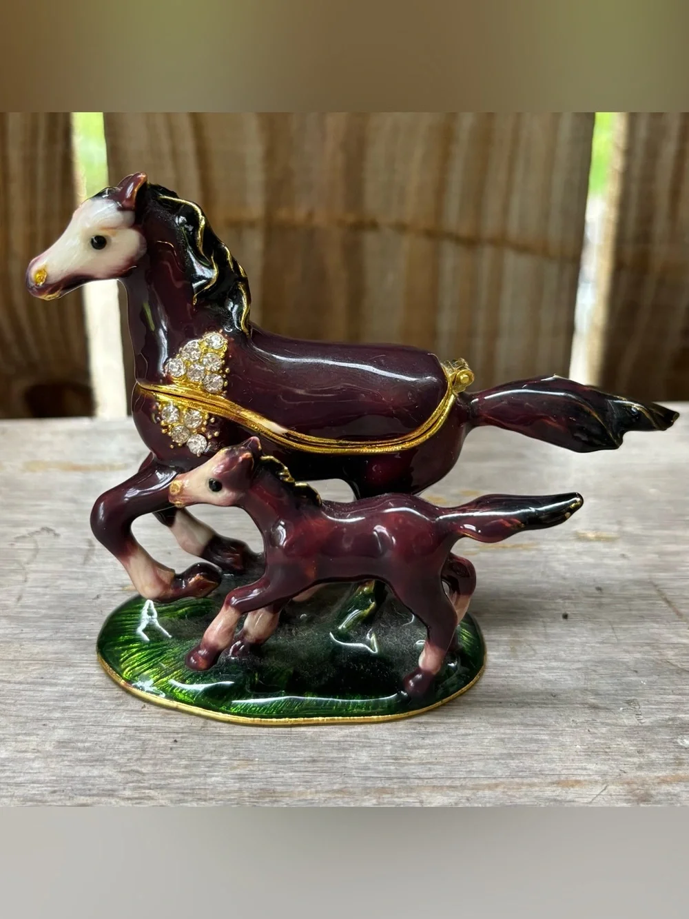 Mare & Foal Hand Painted Enameled Hinged Trinket Box with Crystal Accents 3”H